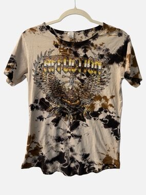 Affliction Graphic Tee Shirt Size Small Cream and Brown Tie-Dye Cotton